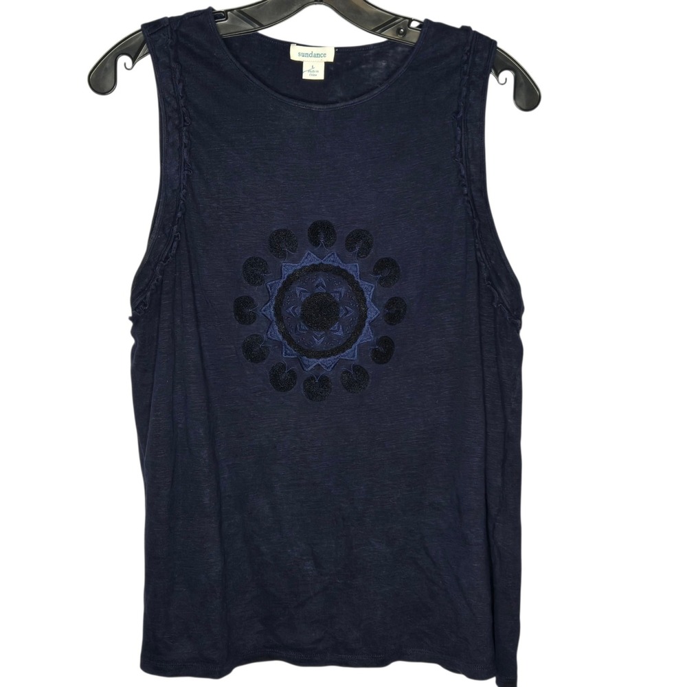 Sundance Navy Linen Tank Top Large Boho Embroidered Mandala Sleeveless Blouse